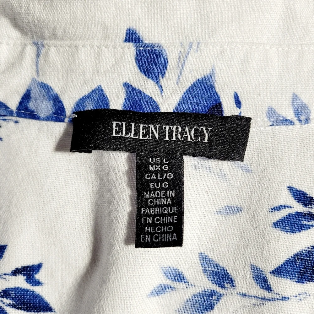 Ellen Tracy White Linen with Blue Floral Print Tie Front Blouse Women's (L) - Picture 8 of 12